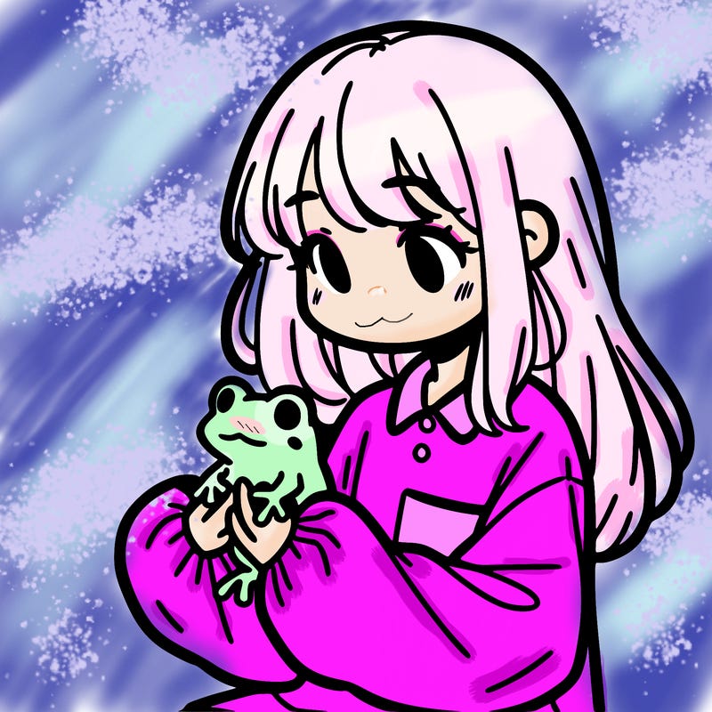 girl with long hair and a oversized shirt. and she is holding a frog