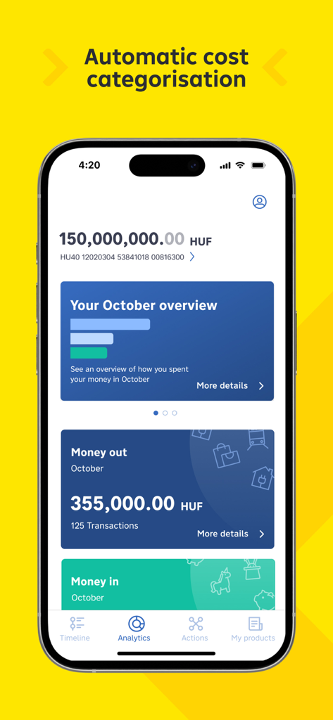 my Raiffeisen - The my Raiffeisen mobile banking app analytics screen showing automatic cost categorization and monthly spending overview