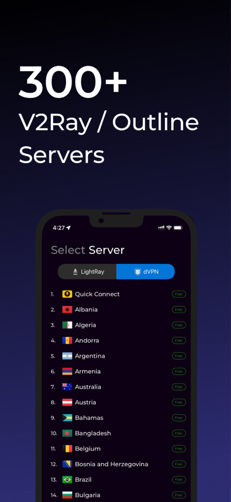 Interface of the LightRay VPN app showing a list of over 300 V2Ray and Outline servers available for connection across various countries.