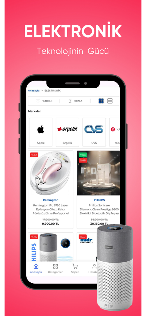 Gümrük Malları Satışı - The electronics category page of the Gümrük Malları Satışı mobile app featuring discounted brand name products like Apple and Philips.