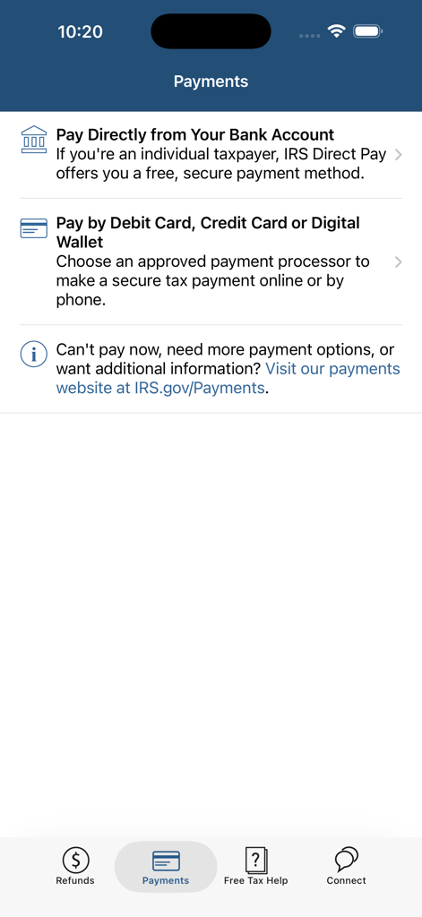 IRS2Goアプリのモバイルインターフェース。ダイレクトペイやカード支払いなどのさまざまな税金支払い方法が表示されています。