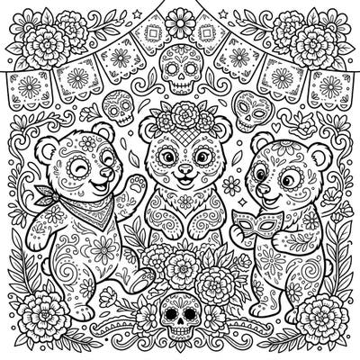 Step into a world where adorable bear cubs celebrate the vibrant traditions of the Day of the Dead. This intricate coloring page combines playful charm with rich cultural details, perfect for a unique artistic journey.