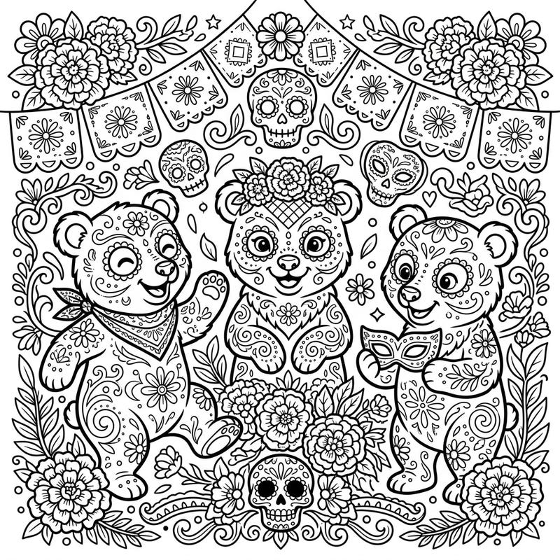 Step into a world where adorable bear cubs celebrate the vibrant traditions of the Day of the Dead. This intricate coloring page combines playful charm with rich cultural details, perfect for a unique artistic journey.