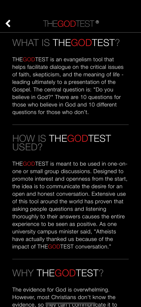 An informational screen for The God Test app explaining its purpose as an evangelism tool for faith and skepticism dialogue