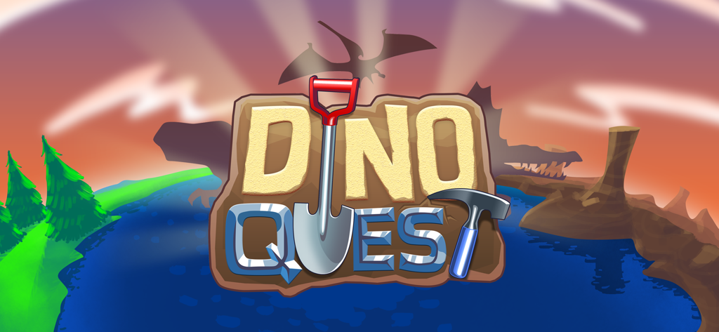 Dino Quest: Fossil Games - Dino Quest Fossil Games title logo with a shovel and pickaxe over a dinosaur themed landscape