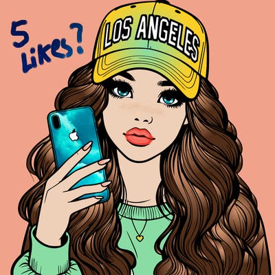realistic beautiful girl wearing los ángeles cap holding an iphone