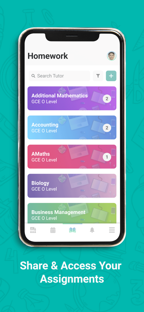 Tutopiya - Tutopiyaアプリのモバイルインターフェース。数学、生物学、会計などの科目の宿題リストが表示されています。