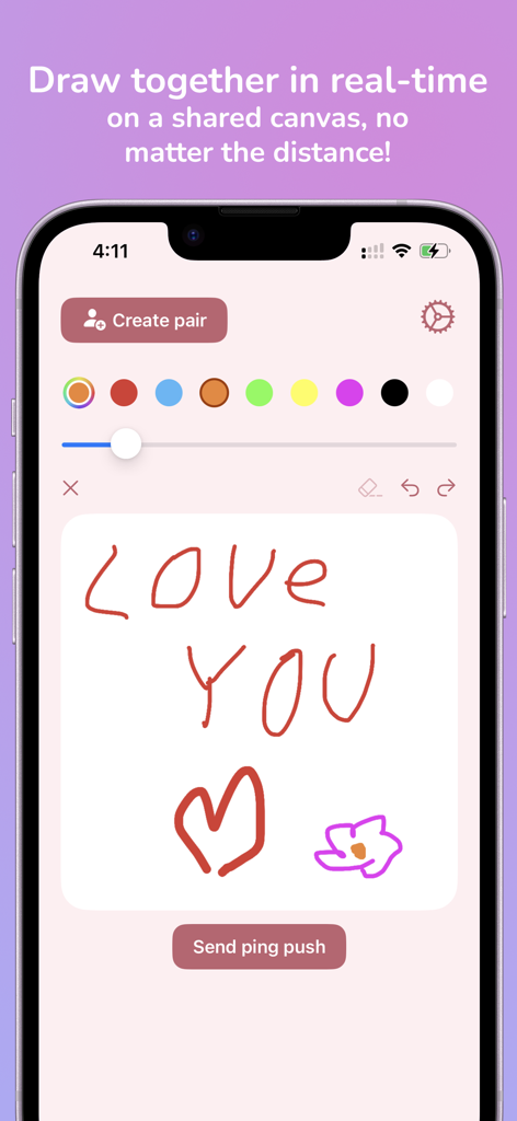 A shared drawing canvas in the Paint Love app with the words Love You and a hand-drawn heart.
