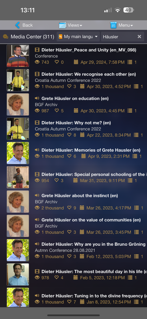 BGF InfoCenter - The BGF InfoCenter app media center showing a list of spiritual audio and video recordings by Grete and Dieter Hausler.