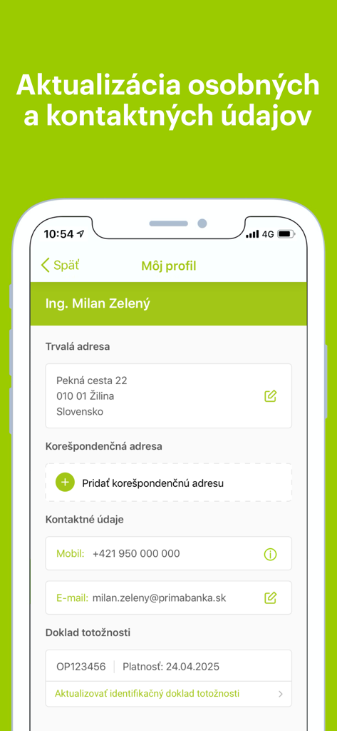 User profile screen in the Penazenka banking app showing personal and contact information