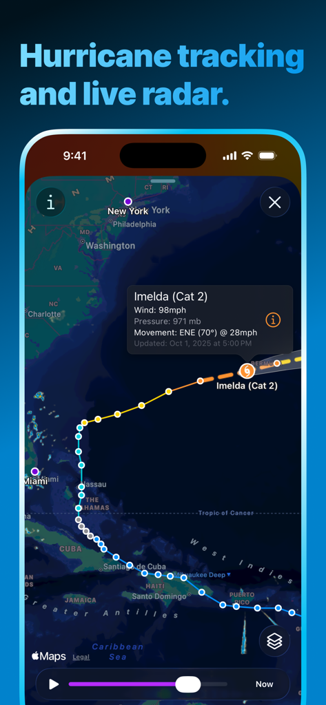 Mercury Weather - Hurricane tracking and live radar map on the Mercury Weather app interface