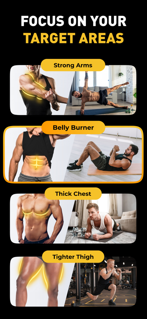 Interfaccia dell'app Muscle Builder che mostra le categorie di allenamento mirate per braccia, addome, petto e cosce