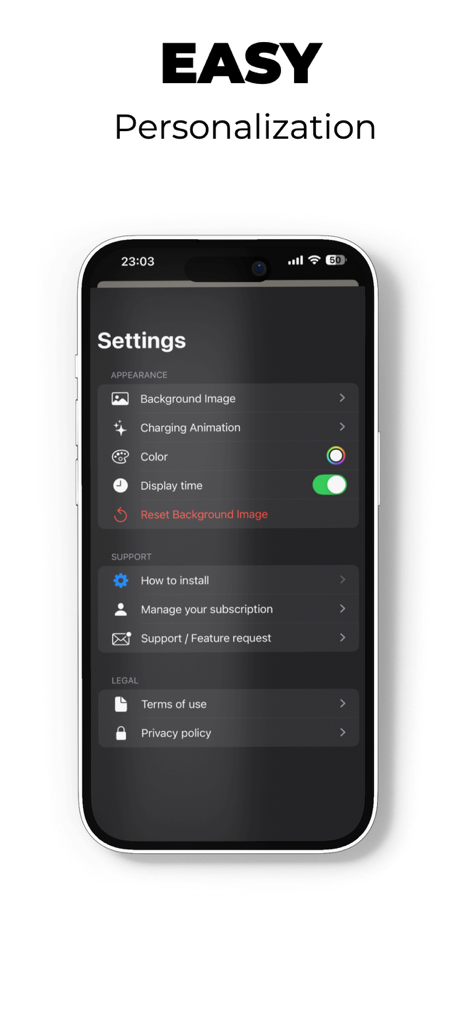 Charging Animation Wallpaper - Menú de configuración de la aplicación Fondo de Pantalla de Animación de Carga mostrando fácil personalización en un iPhone