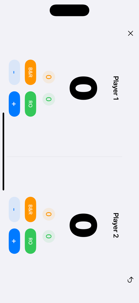 BiliScore Plus - Interfaz de seguimiento de puntuación de partidas de billar en tiempo real para dos jugadores con botones para 'break and run' y 'run out'.