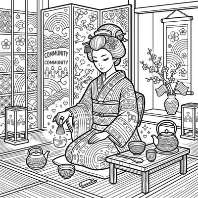 Discover a unique coloring experience with this serene Geisha Tea Ceremony, beautifully intertwined with elements celebrating Pride Month. This intricate design offers a calming activity that honors both Japanese culture and the spirit of love and community.