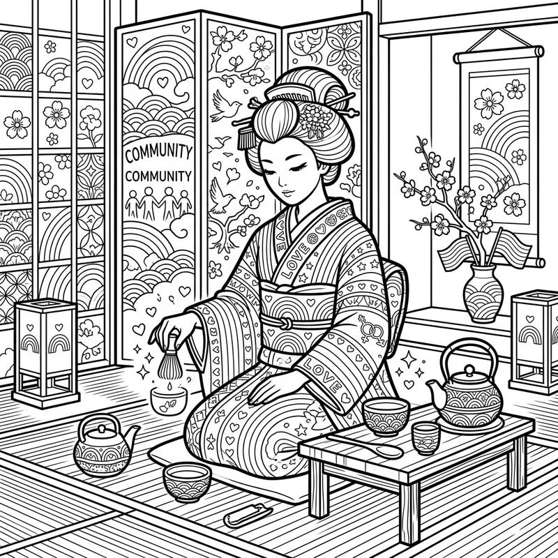 Discover a unique coloring experience with this serene Geisha Tea Ceremony, beautifully intertwined with elements celebrating Pride Month. This intricate design offers a calming activity that honors both Japanese culture and the spirit of love and community.