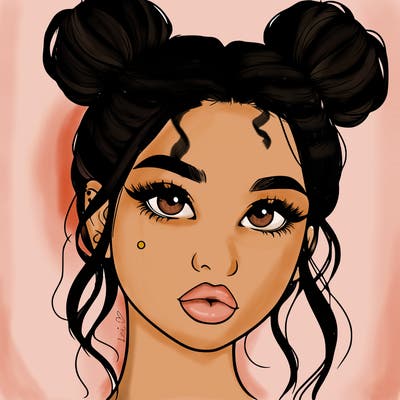 realistic girl with two buns on her hair and lips