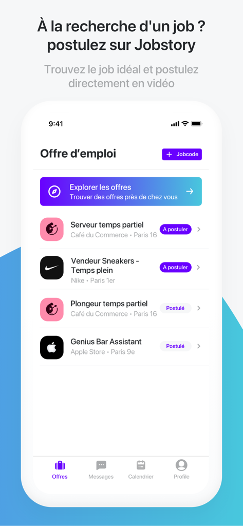 Jobstory - Interface of the Jobstory app showing a list of job offers for service and retail positions with video application options.