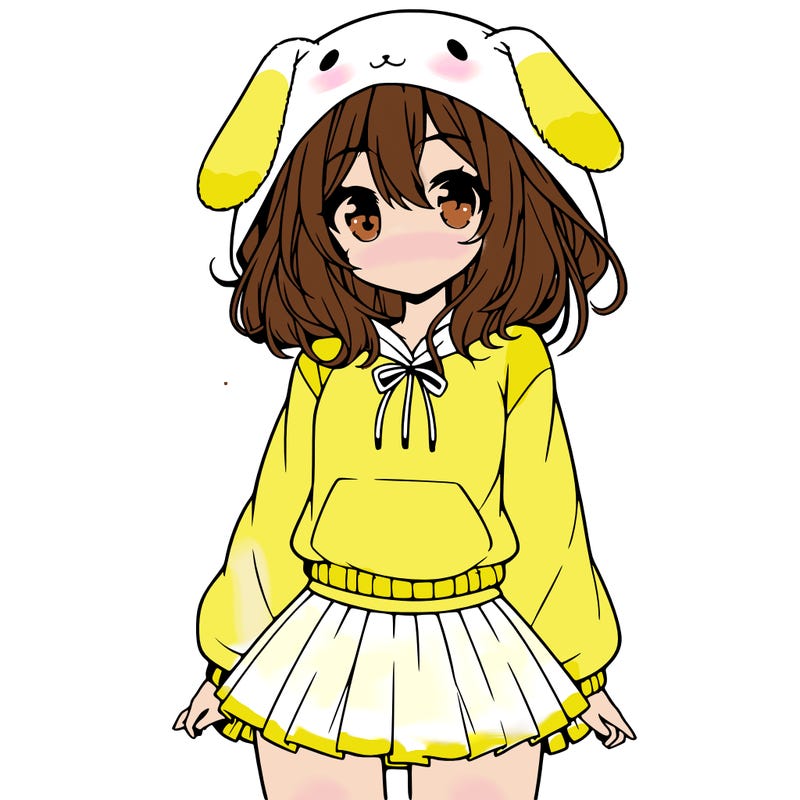 pretty anime girl wearing a fluffy hoodie with bunny ears on the hood and a skirt