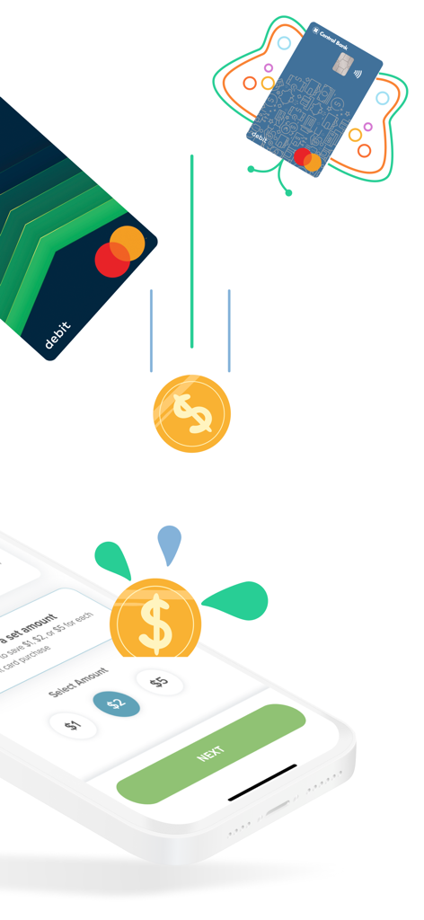 Central Bank - Mobile - Smartphone showing the Central Bank app RoundUp feature for automatic savings from debit card purchases.