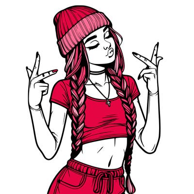 realistic teenage girl with braids and a beanie and crop top doing 🫶🏼