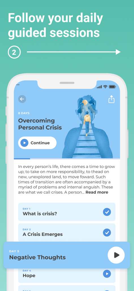 UpLife: CBT Therapy, Self-Care - UpLife app interface showing a multi-day guided therapy journey titled Overcoming Personal Crisis with a list of daily sessions