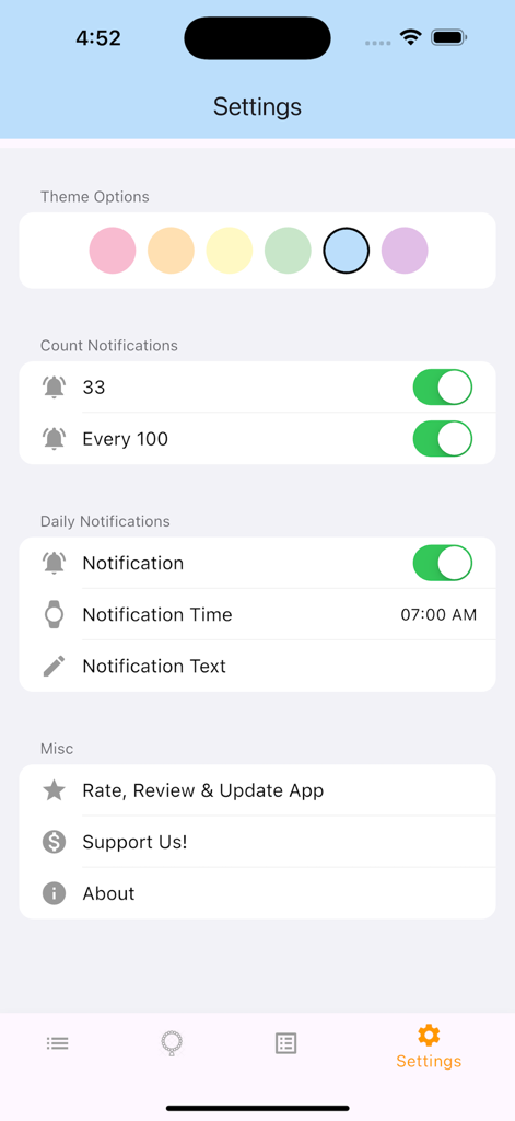 Tela de configurações do aplicativo Contador Digital Tasbeeh mostrando opções de tema e configurações de notificação
