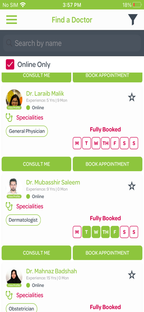 Tela do aplicativo Sehat Kahani Corporate exibindo uma lista de médicos disponíveis para consulta e agendamento online