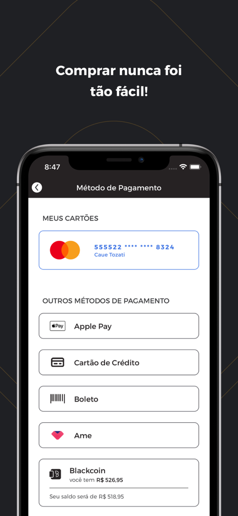 Blacktag - Blacktag app checkout screen displaying multiple payment methods including Apple Pay and credit cards