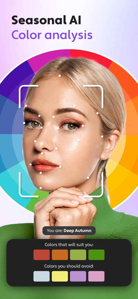 Cosmo: AI Editor, Hair Filters - Función de análisis de color estacional con IA en la aplicación Cosmo que identifica el tipo de tono de piel como Otoño Profundo con paletas de colores recomendadas