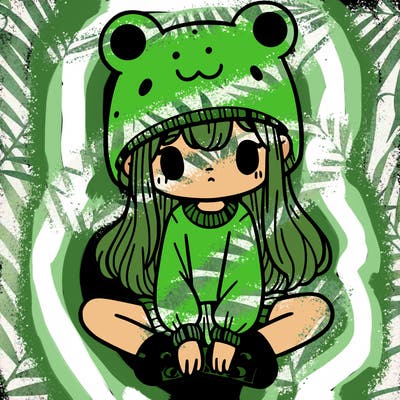 a girl wearing a frog hat and some frog socks