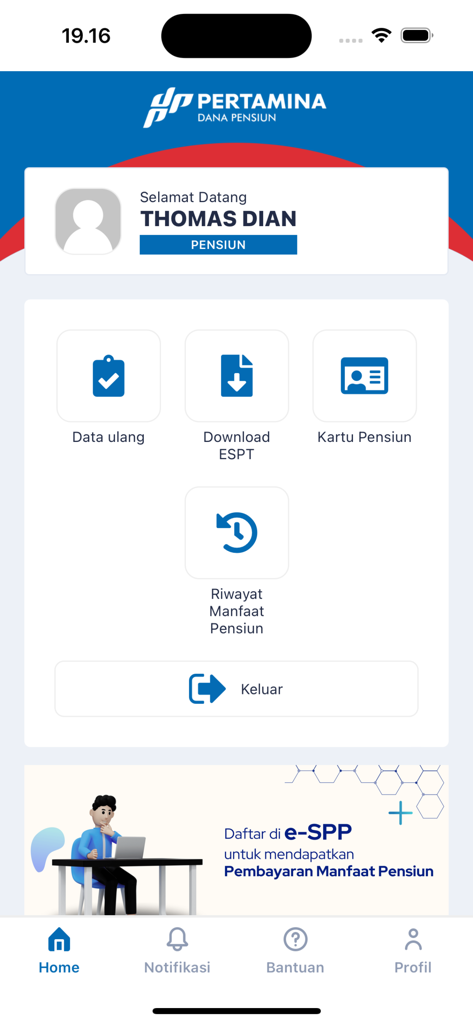 OPéN - Panel de la aplicación OPéN para jubilados de Pertamina que presenta herramientas de gestión de pensiones y perfil de usuario
