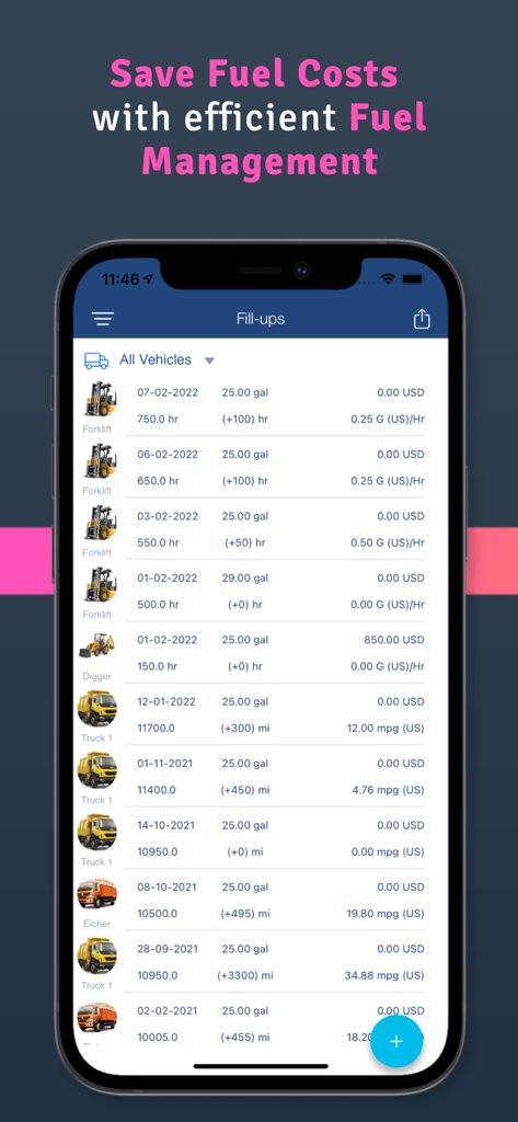App di gestione flotte che mostra i registri dei rifornimenti di carburante e i dati sull'efficienza dei veicoli