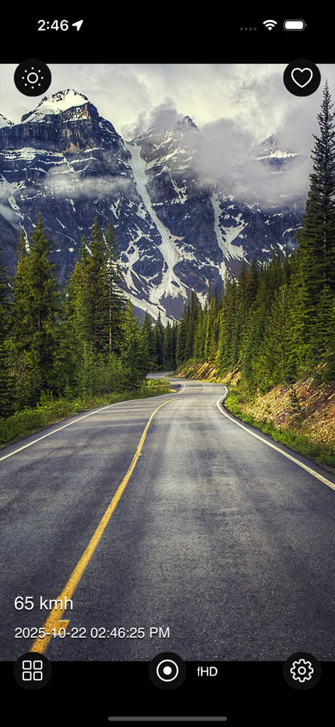 Dash Cam Plus - Dash Cam Plus interface recording a scenic drive on a mountain road with speed and time stamp overlays