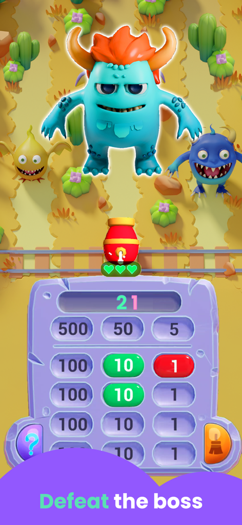 SKIDOS Math Games for Kids - A math game interface showing a blue monster boss and an addition puzzle for kids