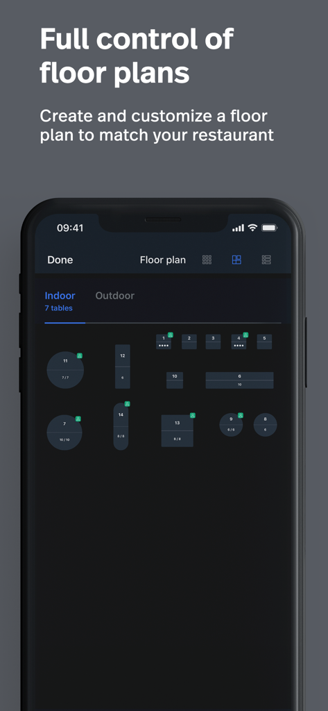 Lightspeed Restaurant POS (K) - Interfaz móvil de Lightspeed Restaurant POS mostrando un plano de sala digital personalizable para asientos en interiores y exteriores