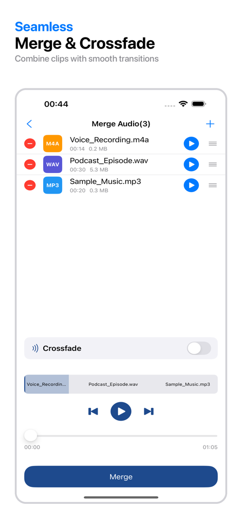 SonicForge - Audio Editor - SonicForge app interface showing the merge audio feature with crossfade transitions for multiple sound files