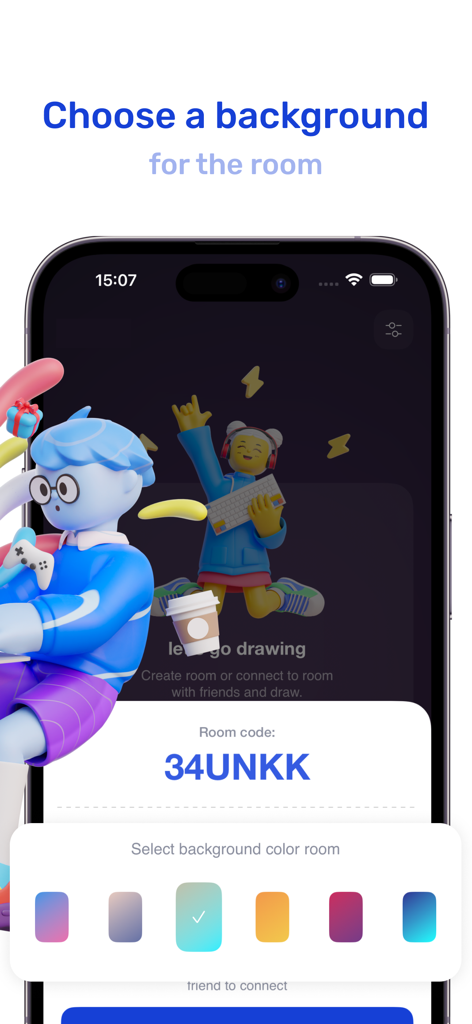 DuoArt app screen showing background color choices and a unique room code for collaborative drawing