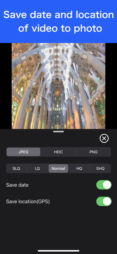Video to Photo - Grab HD Pic - Interface showing options to save date and GPS location when exporting a photo from a video