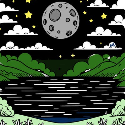a sky with the moon out with a huge lake