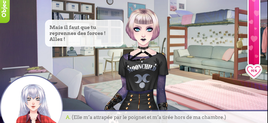 My Candy Love - Otome game - Gameplay screenshot of My Candy Love showing a narrative dialogue between characters in a university dorm room.