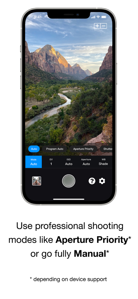 GoCamera – PlayMemories Mobile - GoCamera app screen showing manual camera settings and aperture priority mode on iPhone