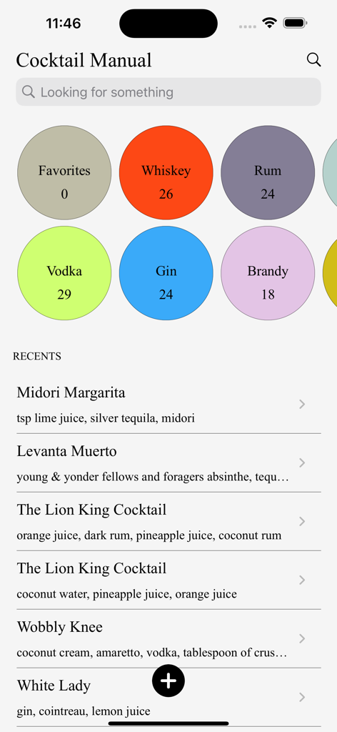 Home screen of the Cocktail Manual app showing drink categories and a list of recent recipes.