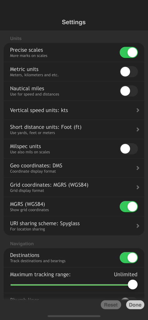 Spyglass - O menu de configurações do aplicativo Spyglass exibindo preferências de unidades e sistemas de coordenadas