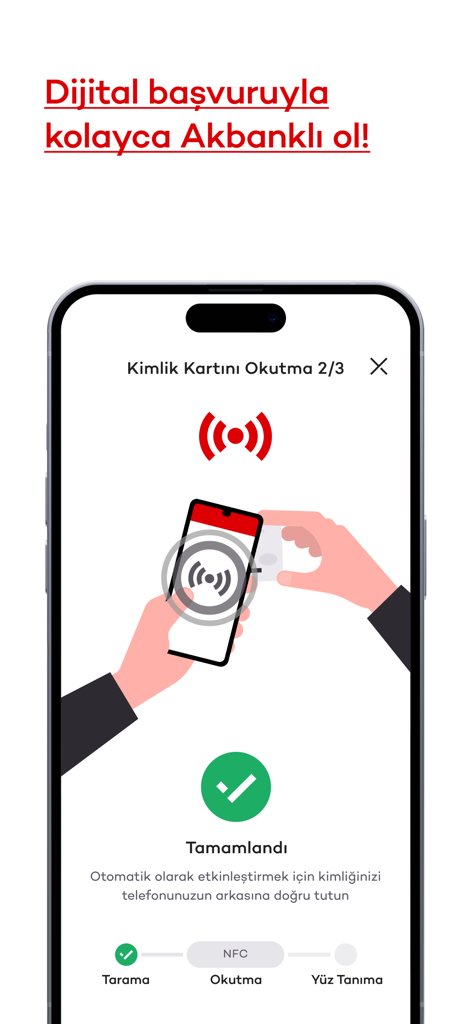 NFC 스캔을 통한 디지털 신원 확인을 보여주는 Akbank 모바일 앱 화면