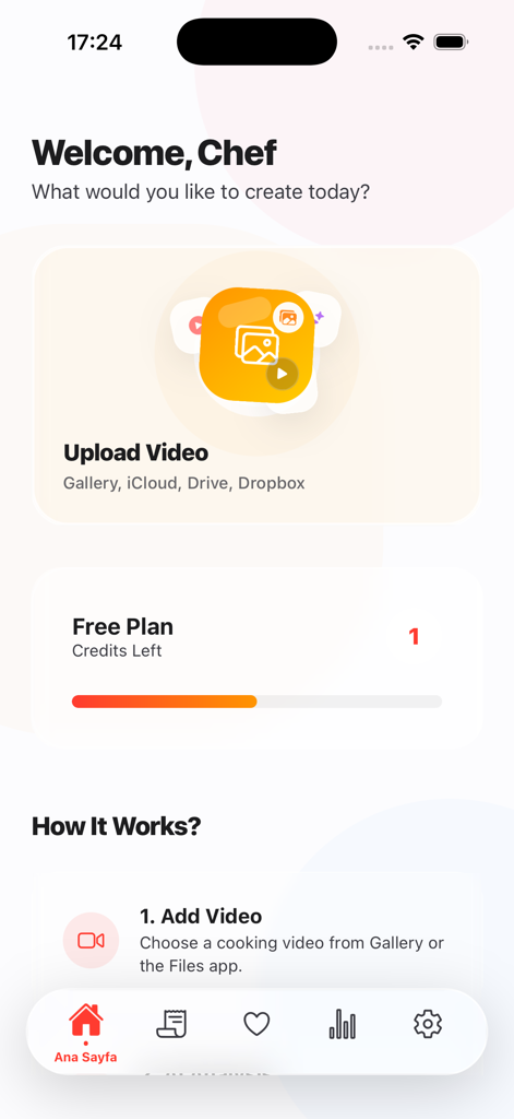 PostChef AI: Recipe Guide - PostChef AIモバイルアプリのインターフェース。料理動画をアップロードしてレシピを生成します。