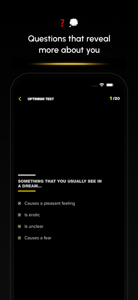 A screenshot of an optimism test question in the Psychological tests and quizzes app interface