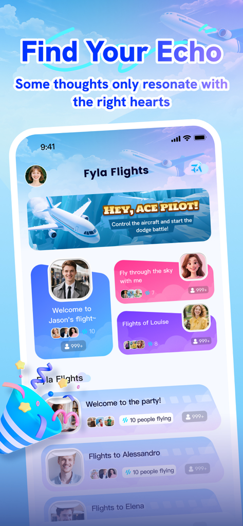 Fyla: Fly, Chat & Play - Una captura de pantalla de la app Fyla que muestra la interfaz de Flights con varias salas de chat de voz y perfiles de usuario.
