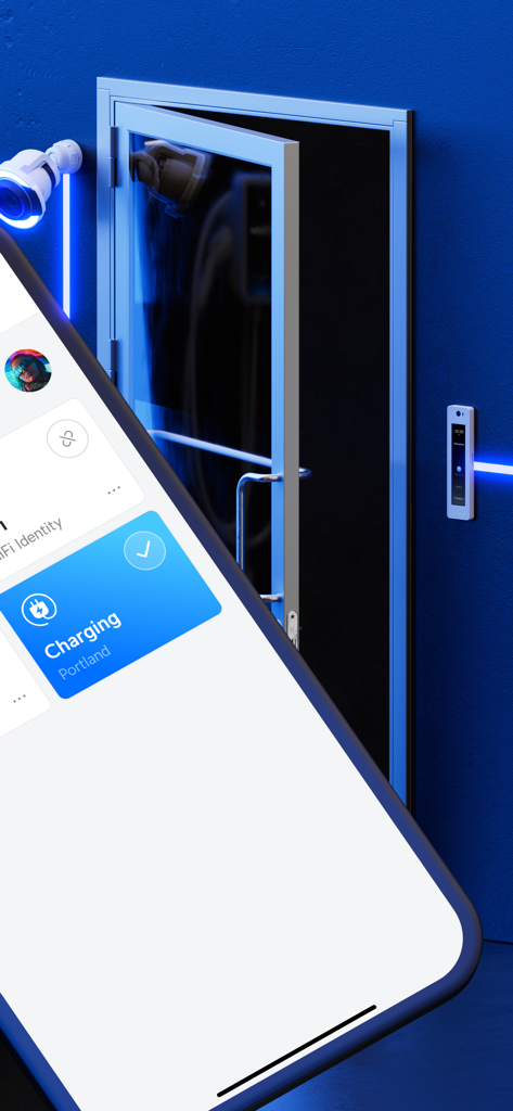 UniFi Identity Endpoint - Smartphone displaying the UniFi Identity app for smart office door access and EV charging