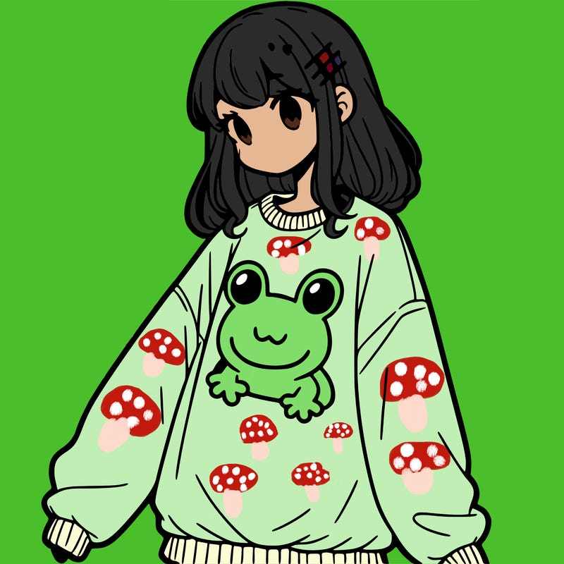 girl wearing frogging sweatshirt